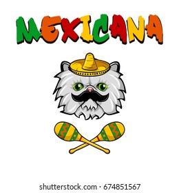 Cat face with mexican sombrero and maracas. Cartoon vector illustration isolated on white background