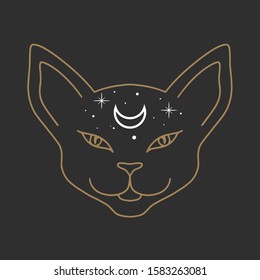 Cat face with moon on his forehead line art. Wiccan familiar spirit, halloween or pagan witchcraft theme tapestry print design vector illustration. minimalist style