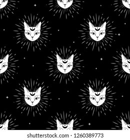 Cat face with moon on night sky seamless pattern background. Cute magic, occult design. Vector illustration.