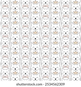 cat face pattern, cute black line kitten with bow tie and crown, seamless pattern for wedding, postcards, wrapping paper, kids, curtains, tablecloths or bedding, simple vector background