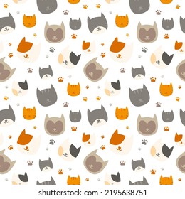 Cat face and paw seamless pattern