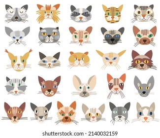 Cat face portrait clipart set. Cats of different breeds. Vector illustration.