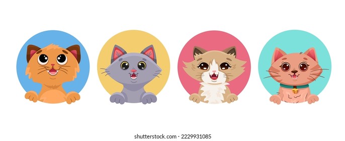 Cat face portrait set of different breeds. Funny kitten kawaii avatars for social media profile, baby printing, children birthday design. Vector cartoon illustration 