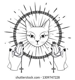 Cat Face Praying hands holding a rosary. Can use for t-shirt, textiles and print design. Vector illustration.