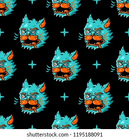 Cat face seamless pattern. Cartoon blue cat faces on black background isolated. Stock Vector Illustration.