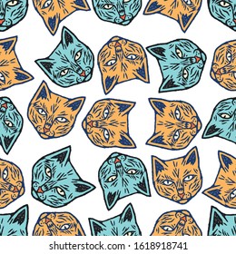 Cat Face Seamless Pattern. Cat Face. Cat Face Cartoon Style. Blue Cat Seamless Pattern on white background isolated. Stock Vector Illustration. Cartoon Style.
