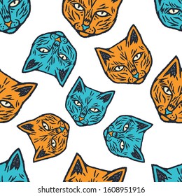 Cat Face Seamless Pattern. Cat Hand Drawn Seamless Pattern on white background isolated. Cartoon style.