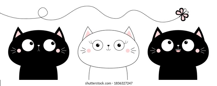 Cat face set. Contour silhouette icon set. Flying butterfly. Funny kawaii doodle animal. Cute cartoon funny pet. Flat design. Notebook cover Thirt Greeting card sticker print. White background Vector