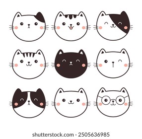 Cat face set. Cute black white kitten head. Line contour doodle. Kawaii cartoon funny characters. Different emotion. Happy, surprised, sad, angry cats. Flat design. White background. Isolated. Vector