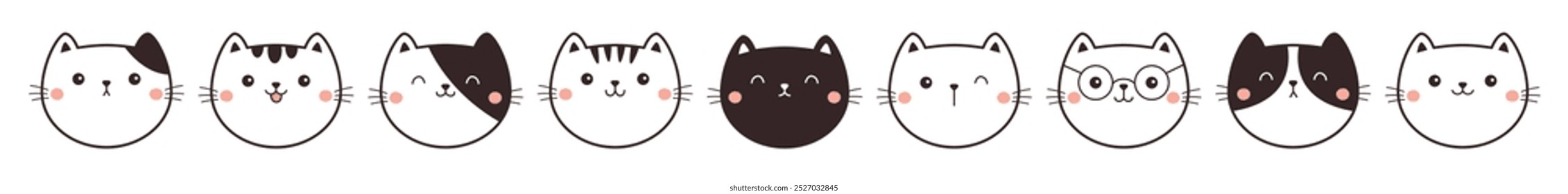 Cat face set. Cute black white kitten head. Kawaii cartoon funny characters. Line contour doodle. Different emotion. Happy, surprised, sad, angry cats. Flat design. White background. Isolated. Vector