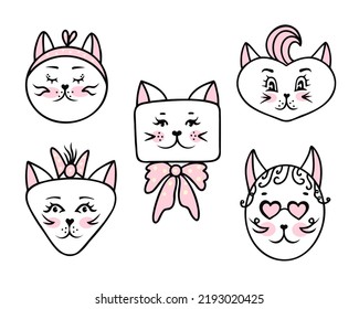 Cat face set, girls. Vector Illustration for printing, backgrounds, covers, packaging, greeting cards, posters, stickers, textile and seasonal design. Isolated on white background.