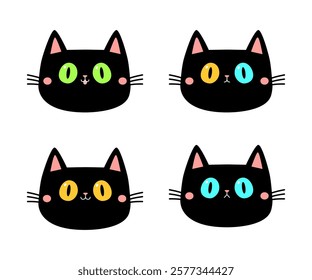 Cat face set. Kitten with big yellow, blue, green eyes. Black round silhouette icon. Cute cartoon funny pet character. Pink ears, nose, cheek. Funny kawaii animal. Flat design. White background Vector