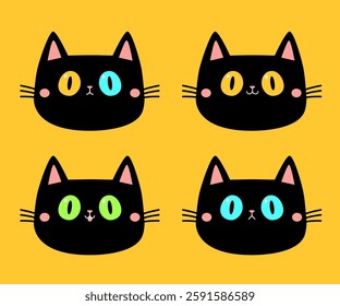 Cat face set. Kitten with big yellow, blue, green eyes. Black round silhouette icon. Cute cartoon funny pet character. Pink ears, nose cheek. Funny kawaii animal. Flat design. Yellow background Vector