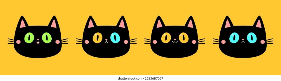 Cat face set line. Kitten with yellow, green blue, eyes. Black round silhouette icon. Cute cartoon funny pet character. Pink ears nose cheek. Funny kawaii animal. Flat design. Yellow background Vector