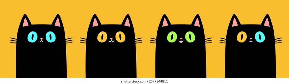 Cat face set line. Kittens with yellow, green, blue eyes. Cute cartoon funny pet character. Pink ears. nose. Funny kawaii animal. Black silhouette icon. Flat design. Yellow background. Vector