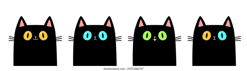 Cat face set line. Kittens with yellow, green, blue eyes. Cute cartoon funny pet character. Pink ears nose cheek. Funny kawaii animal. Black silhouette icon. Flat design. White background. Vector