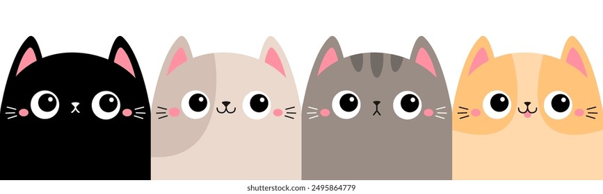 Cat face set. Square head silhouette. Different color. Cute cartoon character. Kawaii pet animal. Pink nose ears, tongue. Funny kitten. Childish style. Sticker. Flat design. White background. Vector