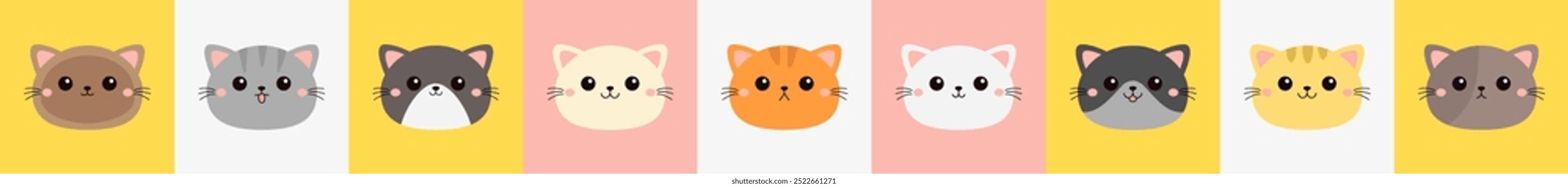 Cat face set. Square icon. Cute kitten, kitty. Different breeds and patterns, emotions, colors. Cartoon kawaii funny baby character. Kids collection. Sticker print. Flat design White background Vector