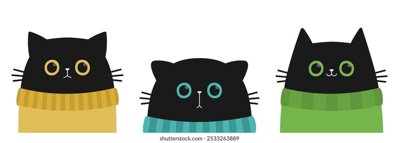 Cat face set. Yellow, blue, green eyes. Kitten wearing a sweater. Black silhouette icon. Cute cartoon pet baby character. Funny kawaii animal. Childish style. Flat design. White background. Vector