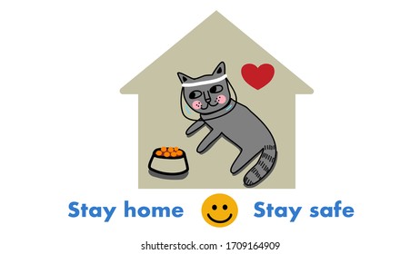 cat with face shield stay in side a house with food bowl with heart.with stay home stay safe.