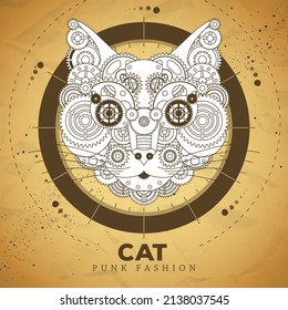 Cat face silhouette with gears on old paper texture background. Punk style. Vector illustration