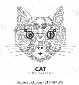 Cat face silhouette with gears. Punk style. Vector illustration