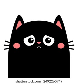 Silueta de cara de gato. Ojos tristes, nariz rosada, orejas. Personaje lindo de la mascota de la historieta. Cabeza de gatito negro. Kawaii animal divertido. Tarjeta de felicitación. Estampado de pegatinas. Diseño plano. Fondo blanco. Vector