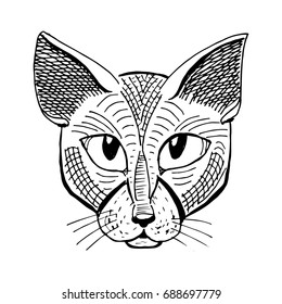 Cat face, sketch, black and white.