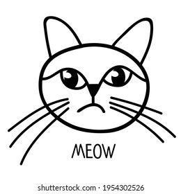 Cat face sketch with text meow. Cat Isolated objects on white background. Design concept for children, t-shirt print. Cute funny cartoon character. Meow lettering text. One from Kitten pet collection.