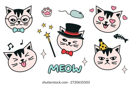 Pegatina de cara de gato en estilo de dibujos animados de Vector plano con contornos negros llamativos y colores pastel. Aislado sobre fondo blanco para pegatinas, mensajes, redes sociales e imprimibles.