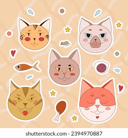 Cat face stickers set. Vector illustration.