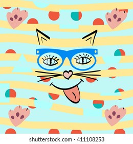 cat face that smiles. pet in hipster glasses. kitty showing tongue. paws cat deputed to the screen. vector illustration. background for t-shirts