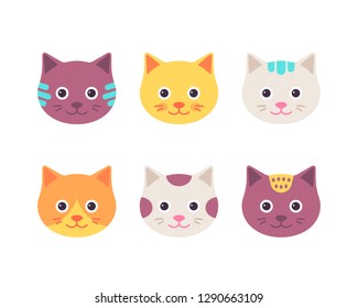 Cat face. Vector. Cute kitten head. Cartoon happy animal character set. Sweet kitty silhouette in flat design isolated. Collection icons on white background. Funny illustration.