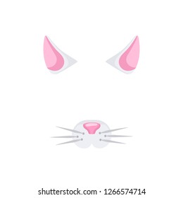 Cat face vector illustration. Cat character ears and nose for video chart filter effect, kitten mask for selfie photo decor. Vector isolated on white.