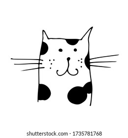 Cat face vector illustration, hand drawn sketch cat with black spots isolated on white background