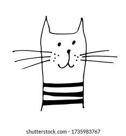 Cat face vector illustration, hand drawn sketch striped cat isolated on white background
