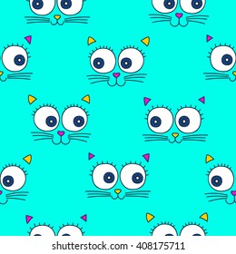 Cat face. Vector seamless pattern with cats faces. Cute kitten background for children. On green background.