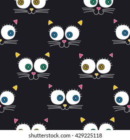 Cat face. Vector seamless pattern with cats faces. Cute kitten background for children. On black background.