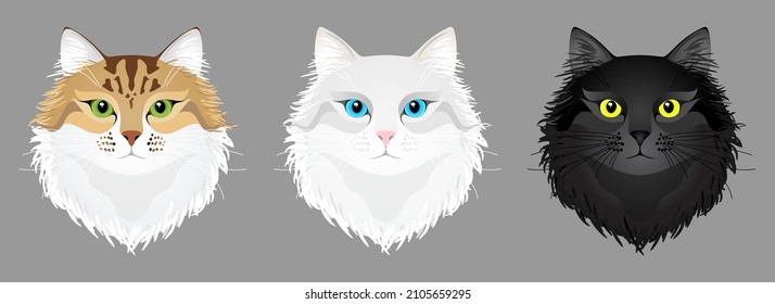 The cat face is white, black, brown striped with green, blue and yellow eyes. Logo, icon, symbol. Set of isolated vector illustrations