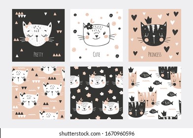 Cat faces, cards and seamless collection for girls. Funny kitty. Textile surface design