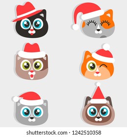 Cat faces with Christmas hats