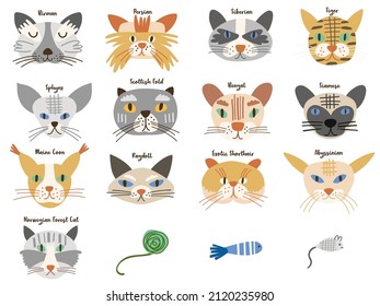 Cat Faces Clipart. Vector Illustration.