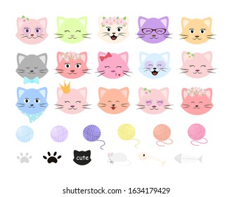Cat faces with different emotions. Set of cute cartoon multi-colored kittens in a flat design. Character of the cat's face. Vector illustration