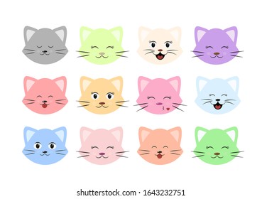 Cat faces with different emotions. Set of cute cartoon multi-colored kittens in a flat design. Character of the cat's face. Vector illustration