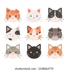 Cat Faces With Different Patterns, Appearances And Fur Colors. Cute Cat Profile Concept Vector Illustration Collection.