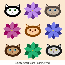 Cat faces and flowers vector illustration