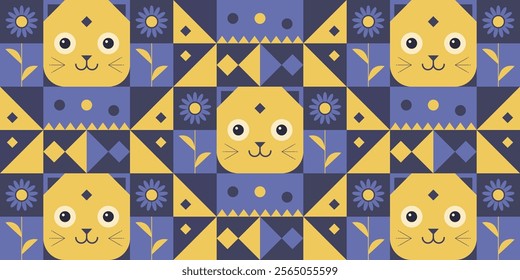 Cat Faces Geometric Pattern design with flowers, leaves, and more shapes. Vector illustration.