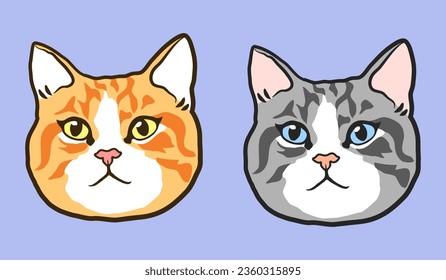 Cat faces and heads looking forward, adorable two grouped file included - Tabby cats orange and gray colors