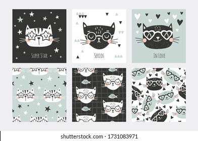 Cat steht vor einer Symbolsammlung. Kitty nahtloser Hintergrund. Handgezeichnete Zeichenketten-Vektorgrafik.
