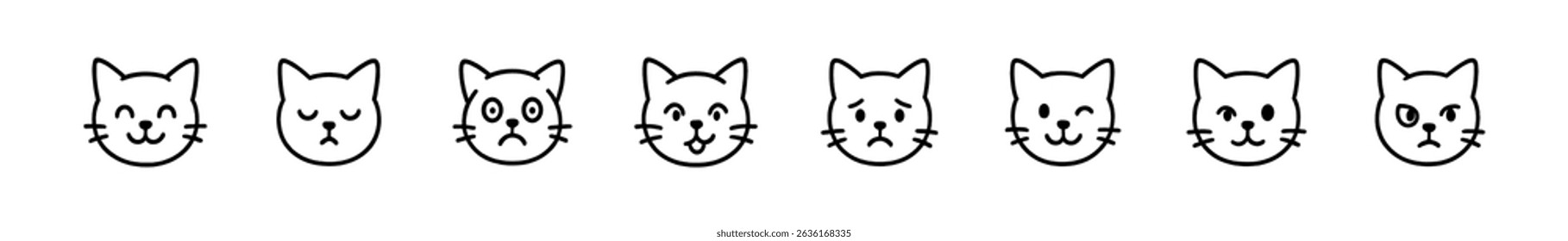Cat faces icon set - line, expressions, emotions in outline style